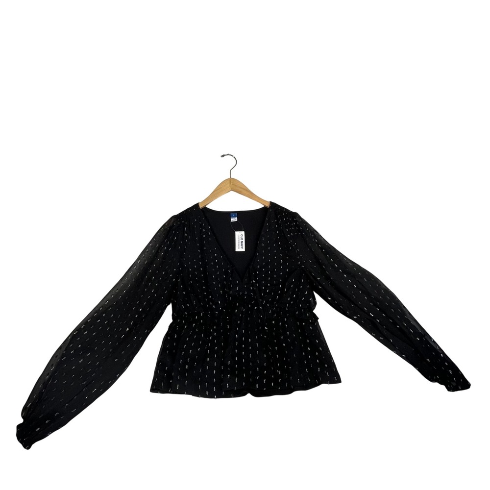 Old Navy Womens Black Silver Metallic Clip Dot Peplum Blouse M 805744-00-1 NWT